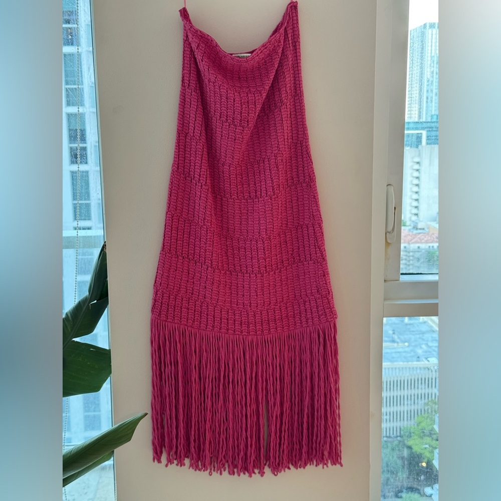 Anthropologie Celandine Pink Strapless Fringe Midi Dress